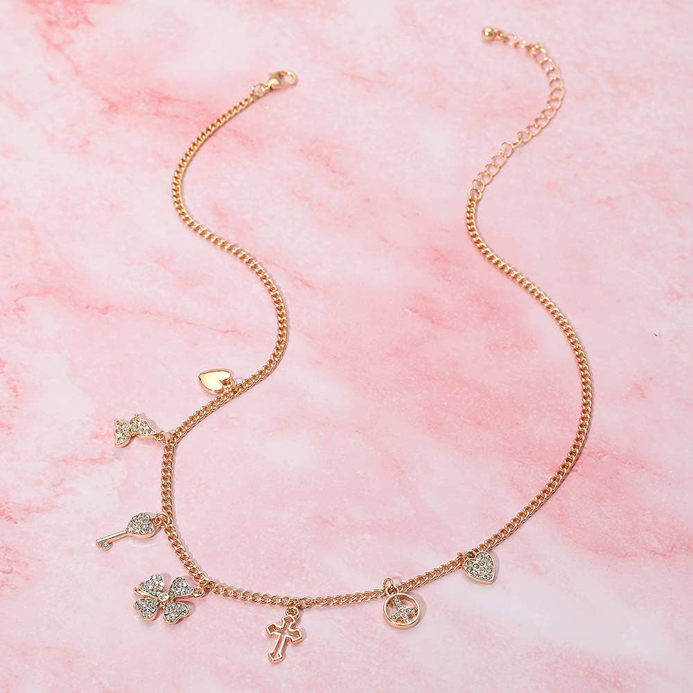 Gold Dipped Clover Heart Cross Key Charm Station Necklace: Clear,Rhodium
