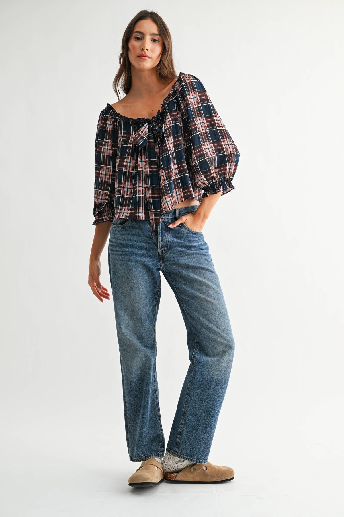 CET26536A Plaid Off-Shoulder Tie Top