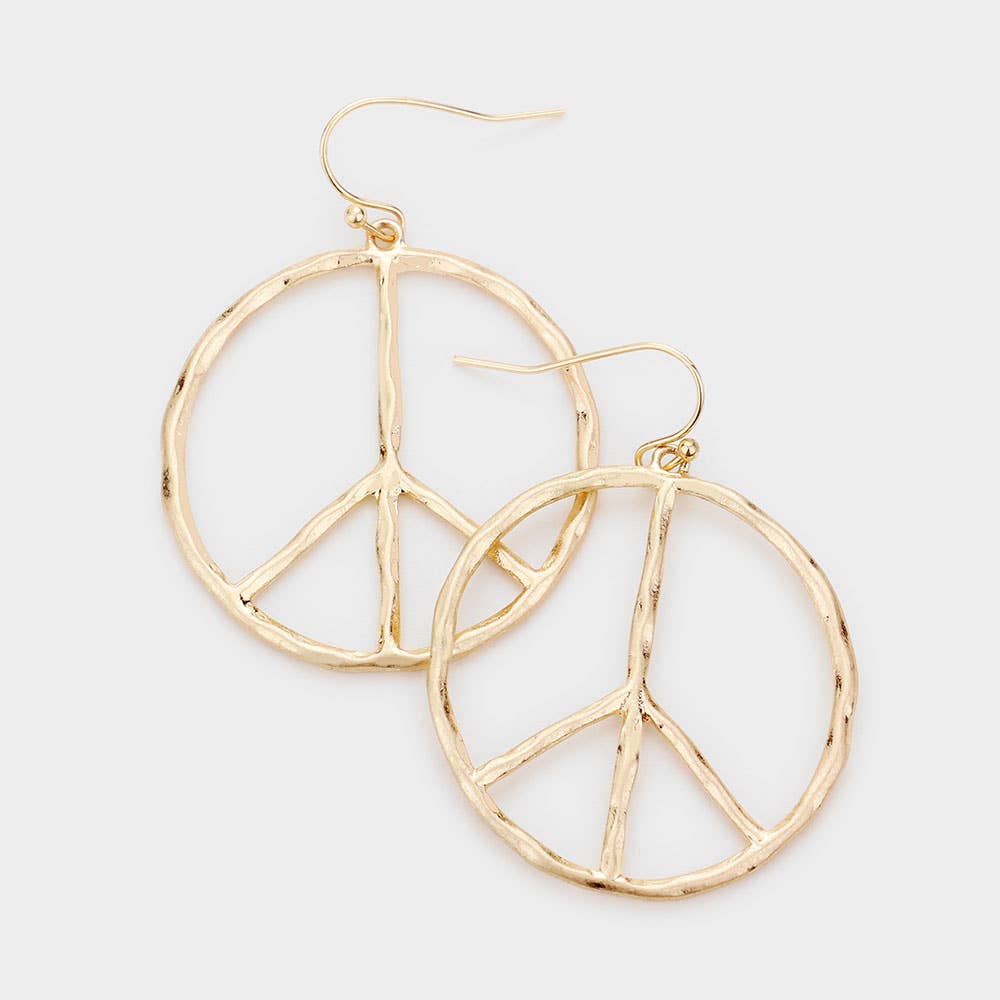 Metal Peace Mark Dangle Earrings: Worn Silver