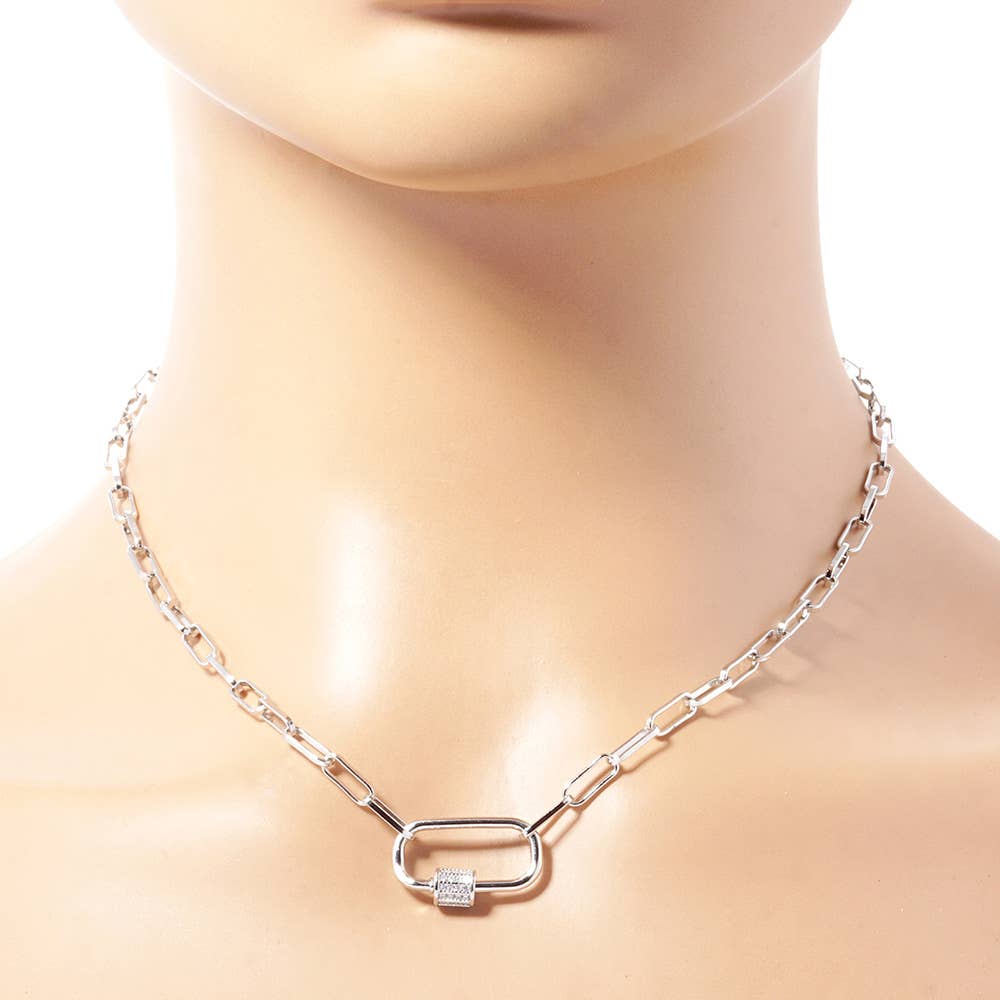 Gold Dipped CZ Carabiner Pendant Paperclip Chain Necklace: Silver