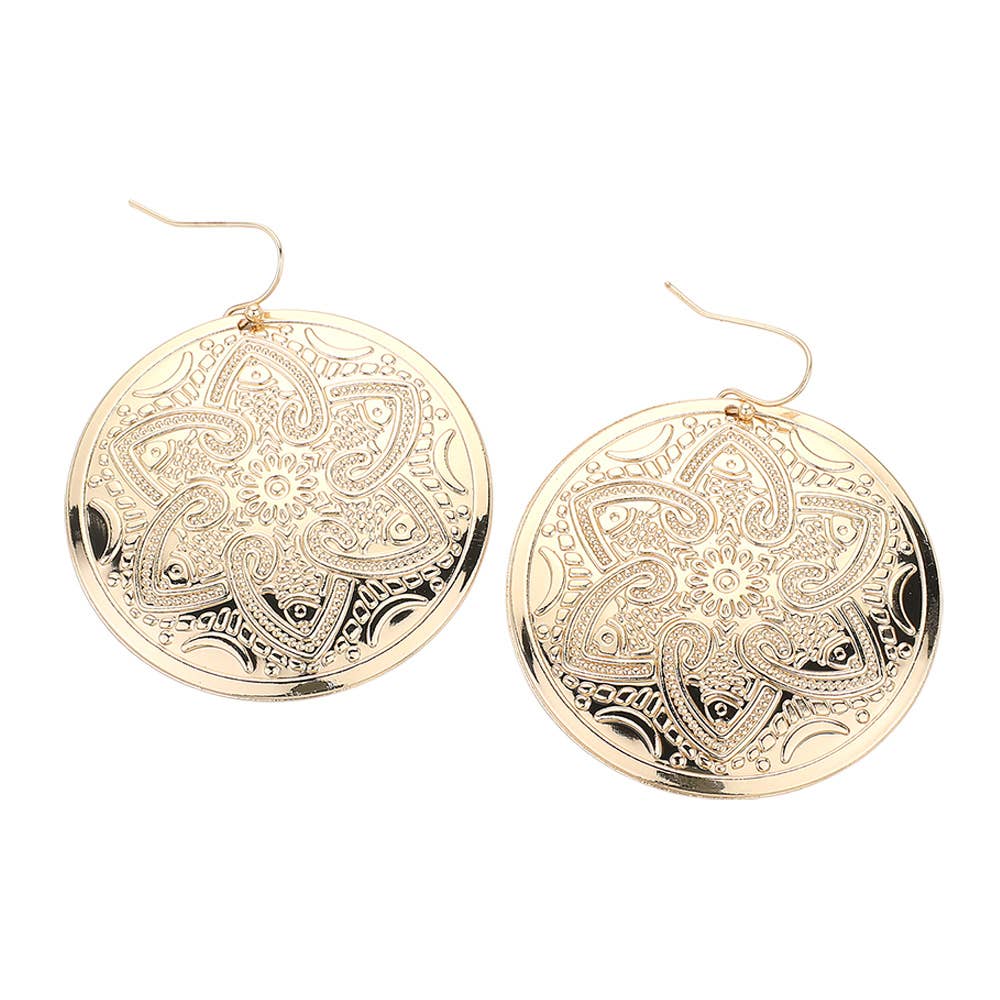 Abstract Pattern Engraved Medallion Dangle Earrings