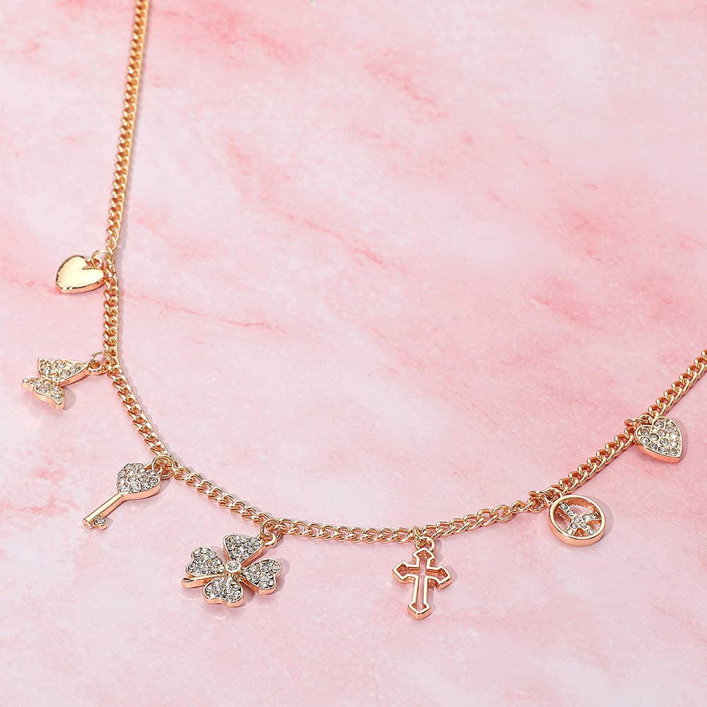 Gold Dipped Clover Heart Cross Key Charm Station Necklace: Clear,Rhodium