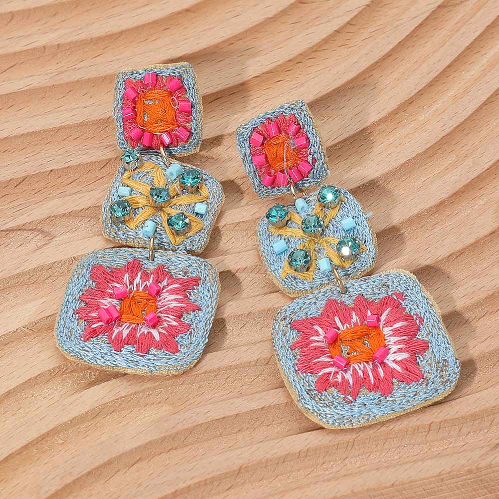 Embroidered Beaded Crochet Granny Square Link Drop Earrings