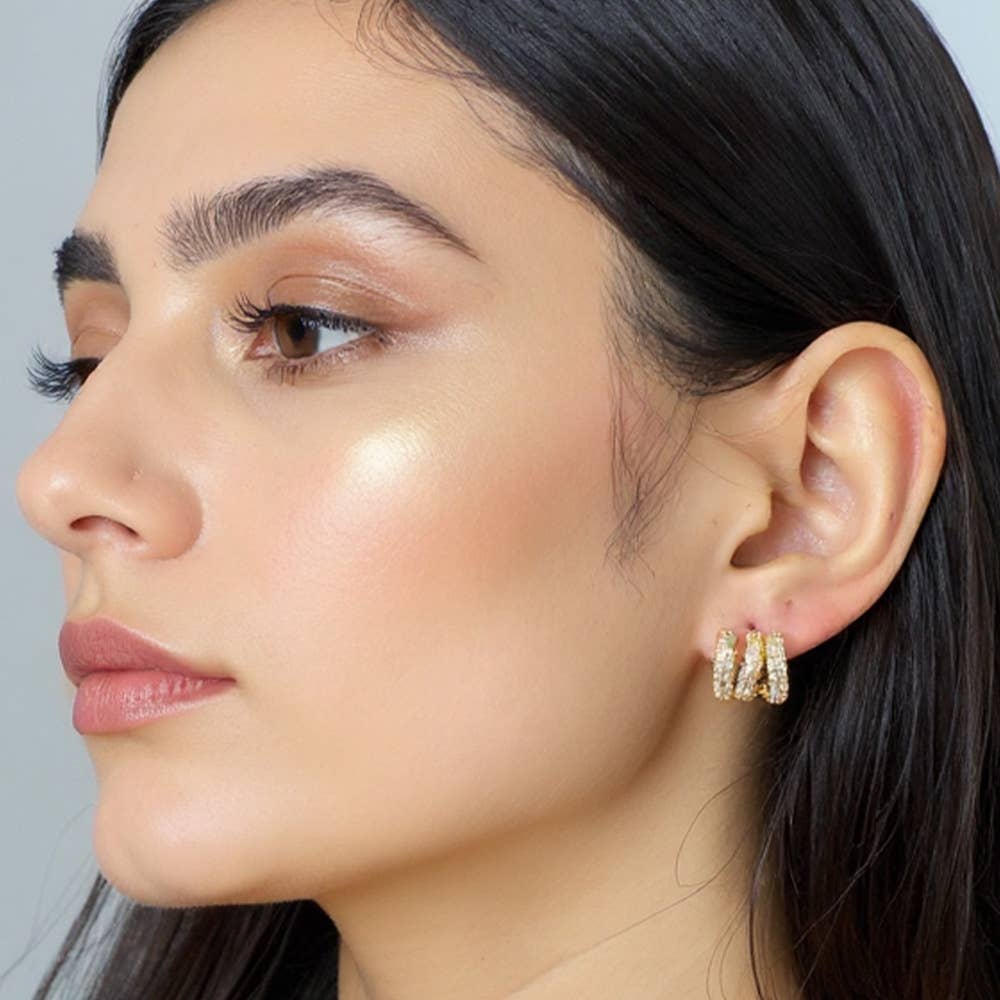 14K Gold Dipped CZ Stone Paved Triple Row Half Hoop Small Earrings