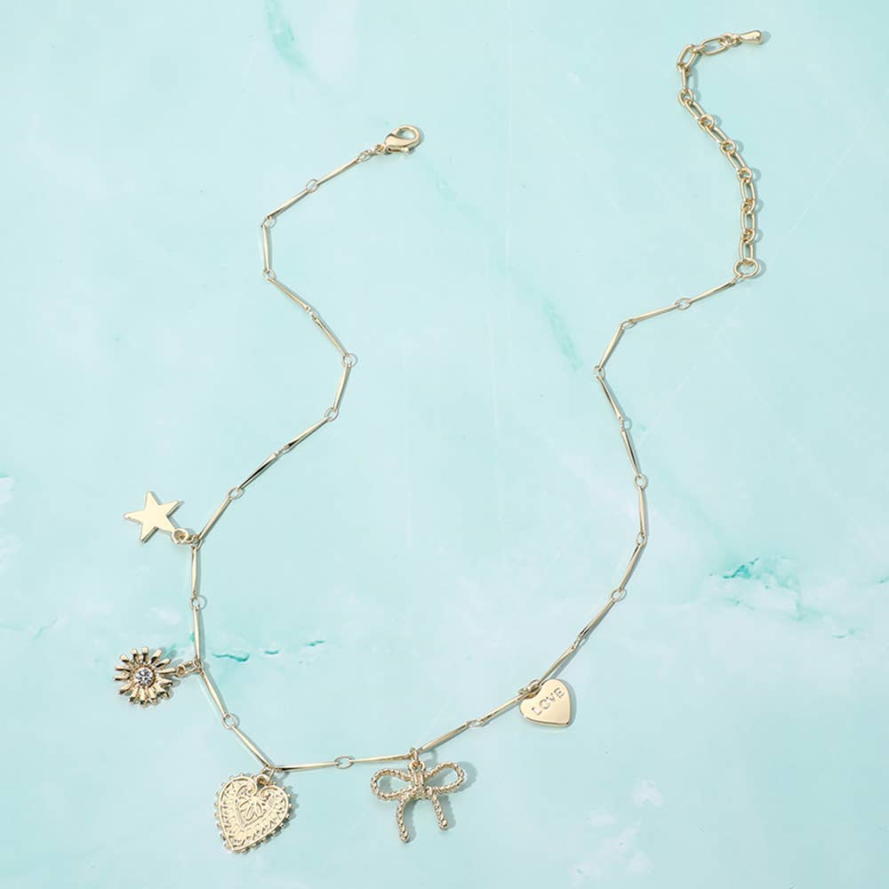 Metal Heart Bow Star Flower Charm Station Necklace