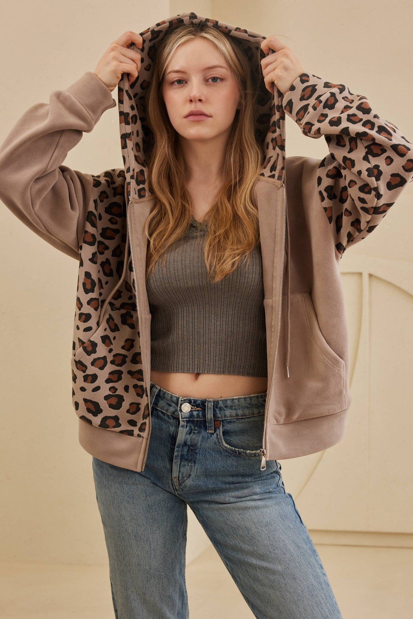 Zip Up hooded Sweatshirt with Leopard Print: Brown / L