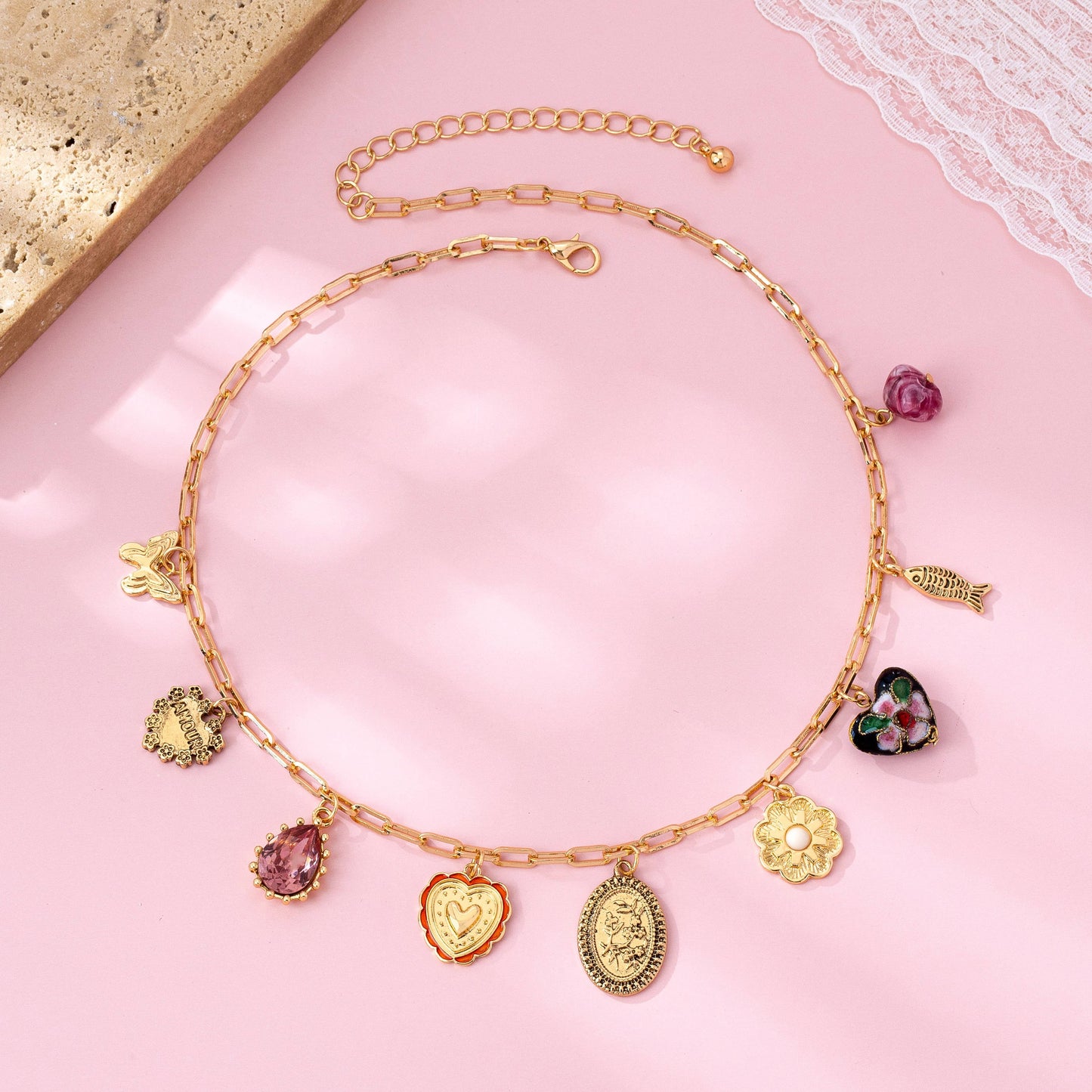 Heart Cloisonne Multi Charm Necklace | 80N92777