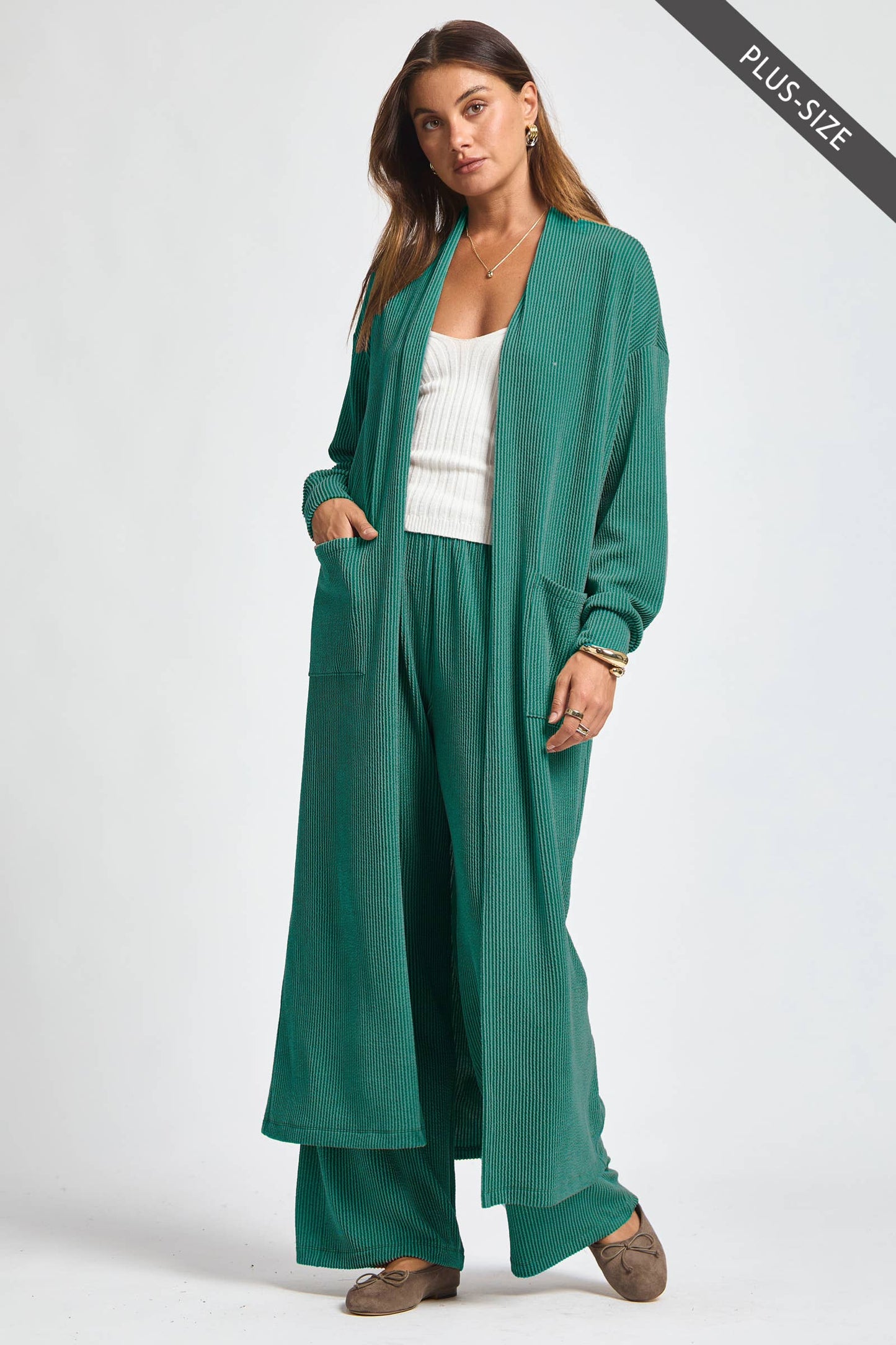 PLUS SIZE Longline Cardigan + Relaxed Pants 2 Piece Set: RED / 3X
