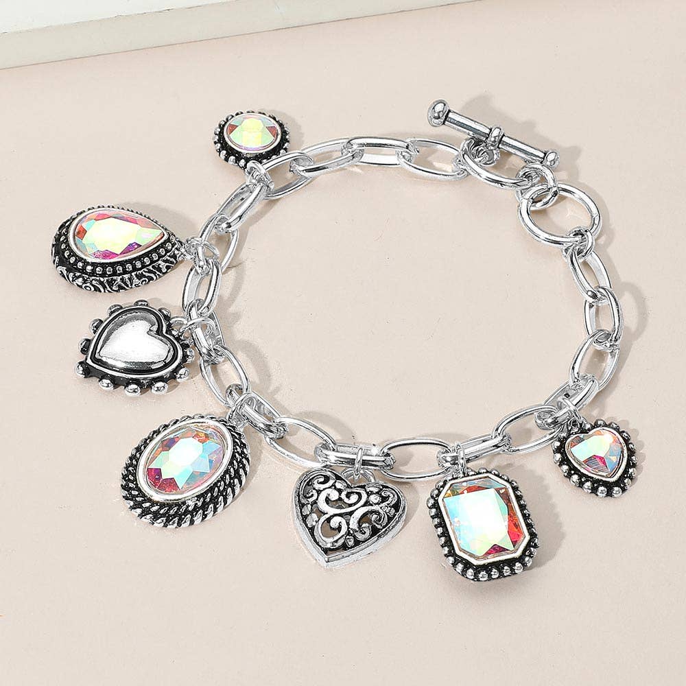 Teardrop Oval Round Stone Metal Heart Charm Station Bracelet