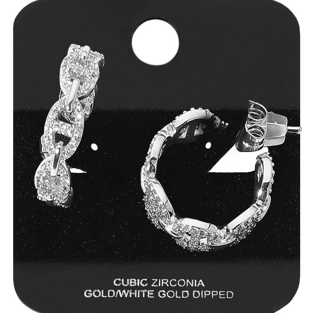 Gold Dipped CZ Stone Paved Mariner Link Hoop Earrings: Rhodium