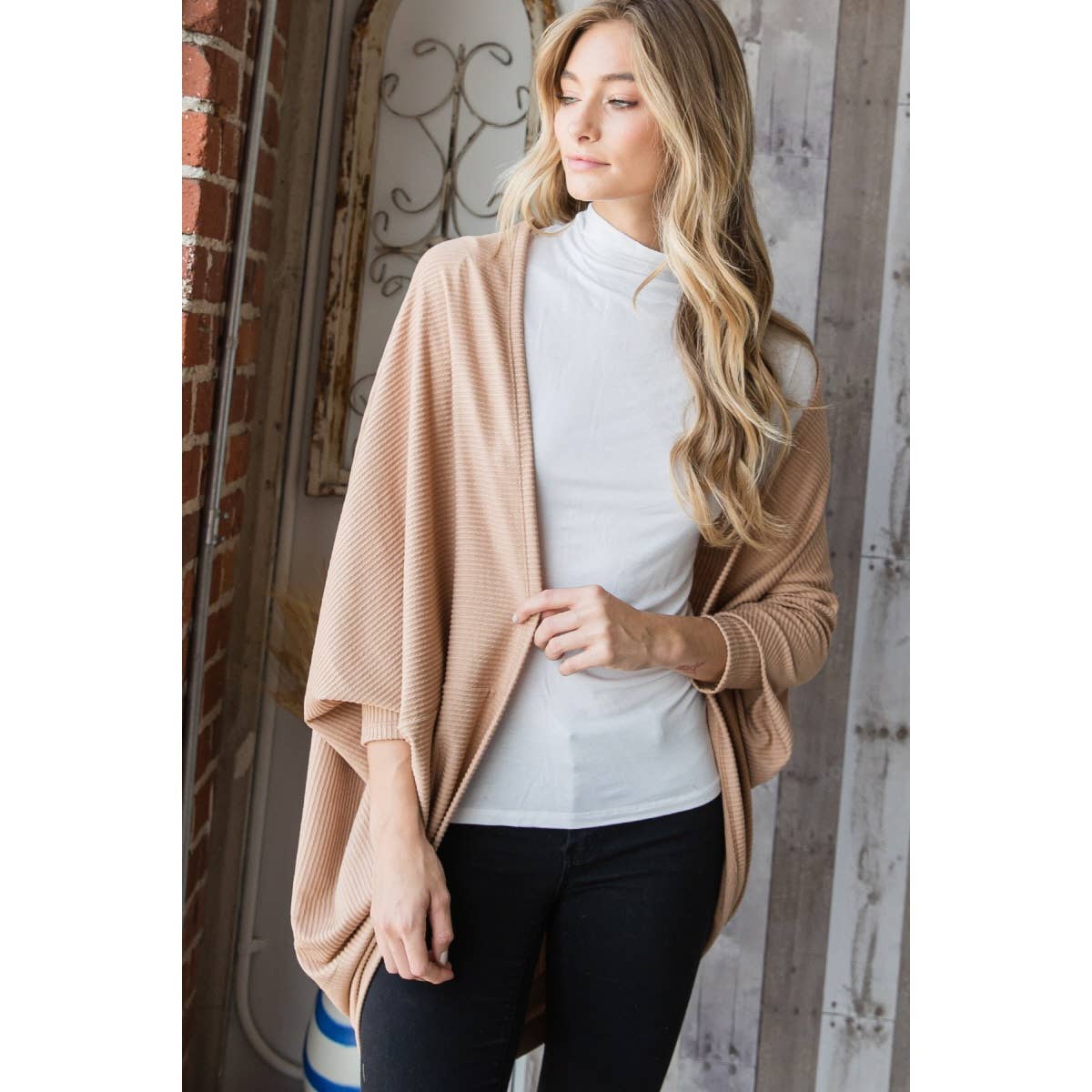 J70802 - Urban Knit Shawl Open Front Cardigan: Olive / L