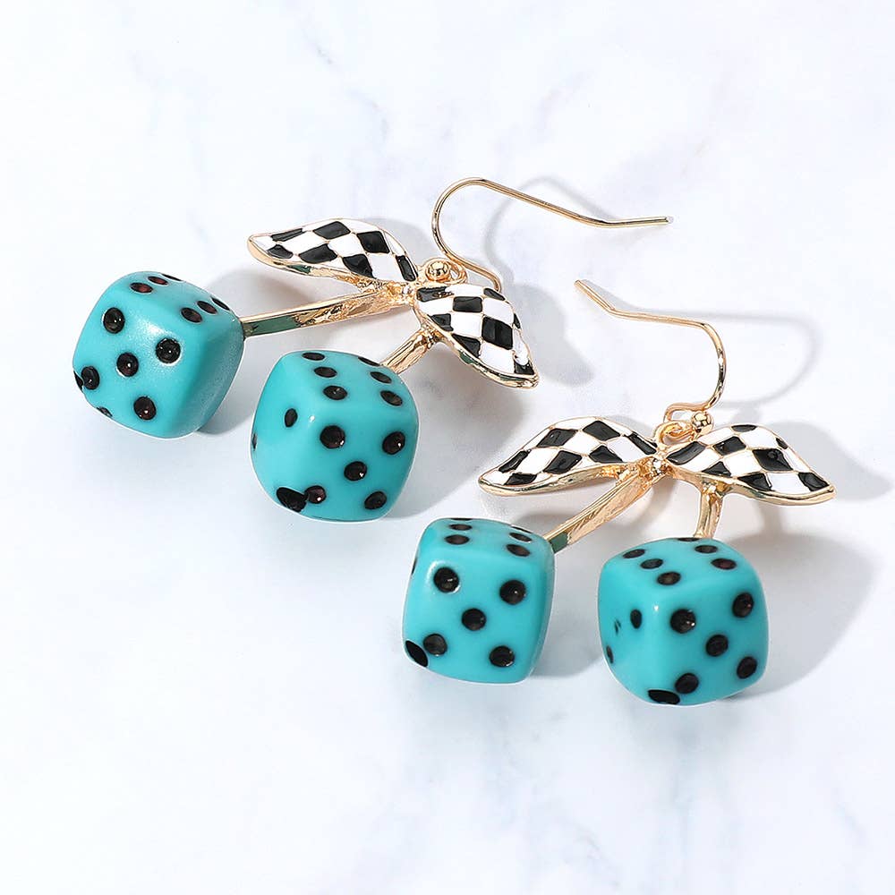 Enamel Retro Checkered Leaf Cherry Dice Dangle Earrings: Gold,Turquoise