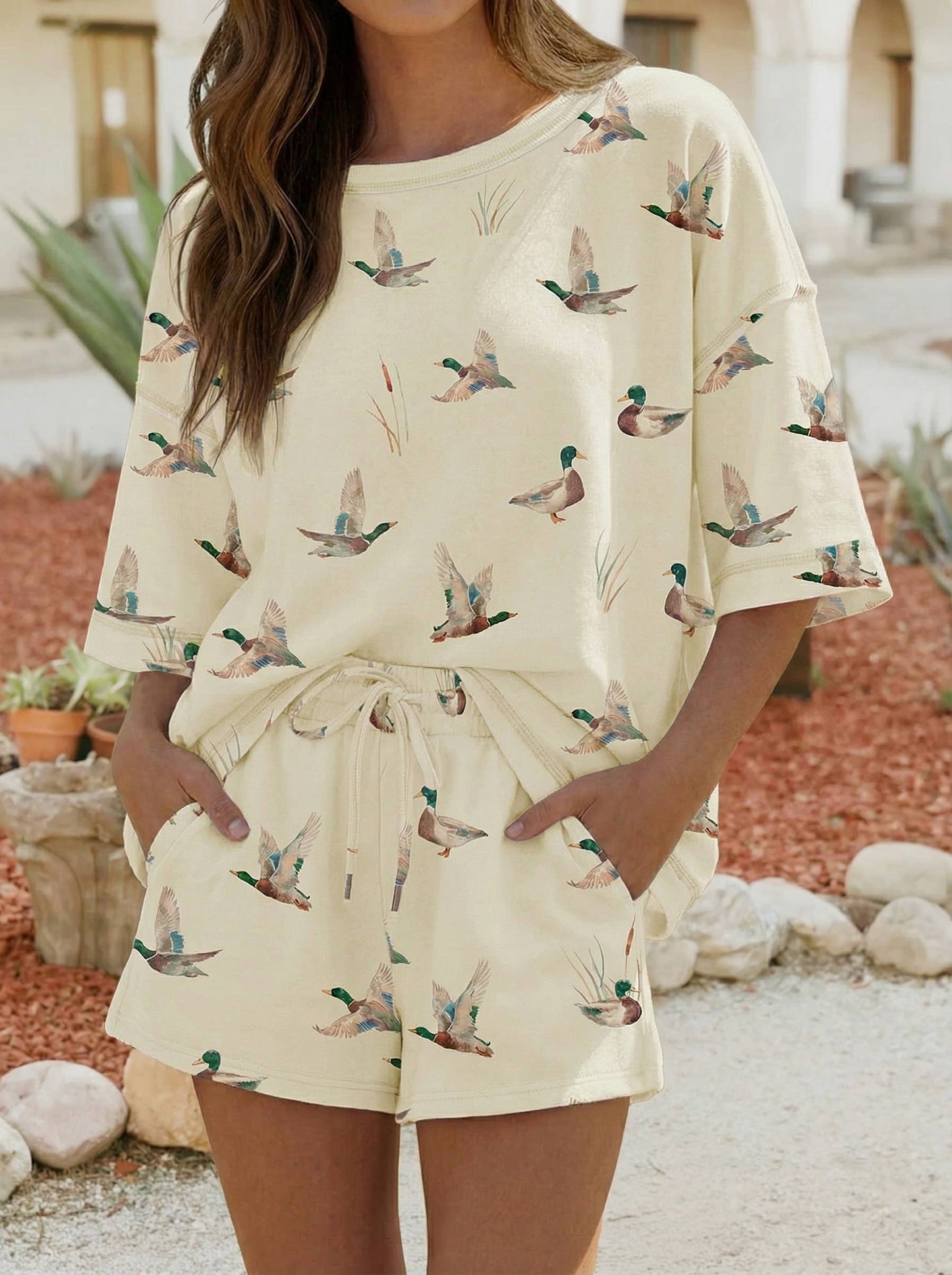 Fall Mallard Duck Print Oversized Tee Drawstring Short Set