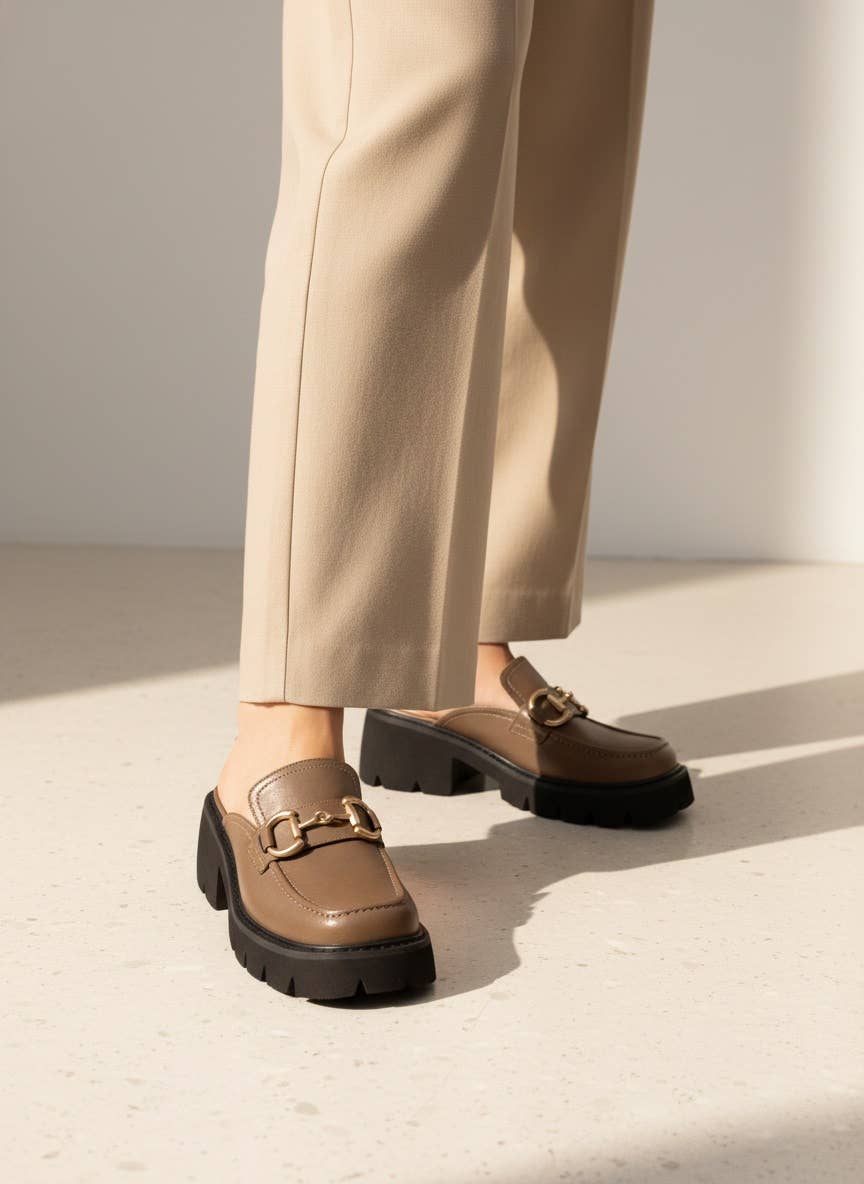 Mocha Chunky Lug Sole Loafer Mules with Horsebit Chain Detail