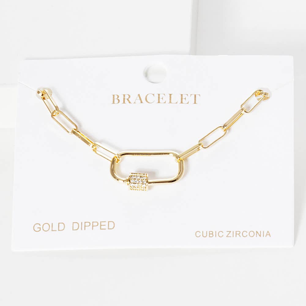 Gold Dipped CZ Carabiner Pointed Paperclip Chain Bracelet