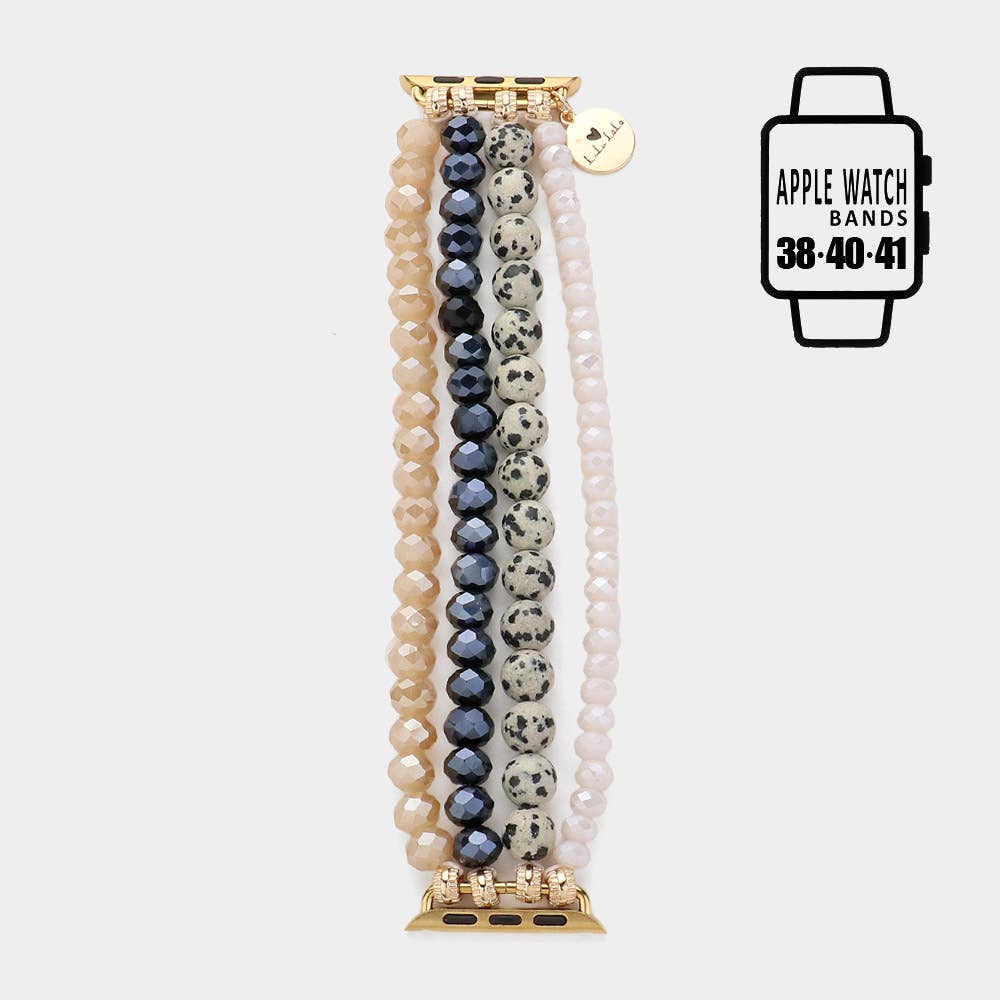 Faceted Beads Natural Stone Beaded Multi Layered Apple Watch Band: Rhodium,White