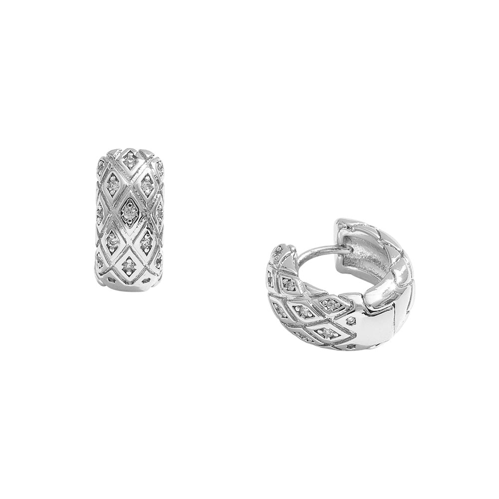 14K Gold Dipped CZ Stone Paved Quilted Mini Huggie Hoop Earrings