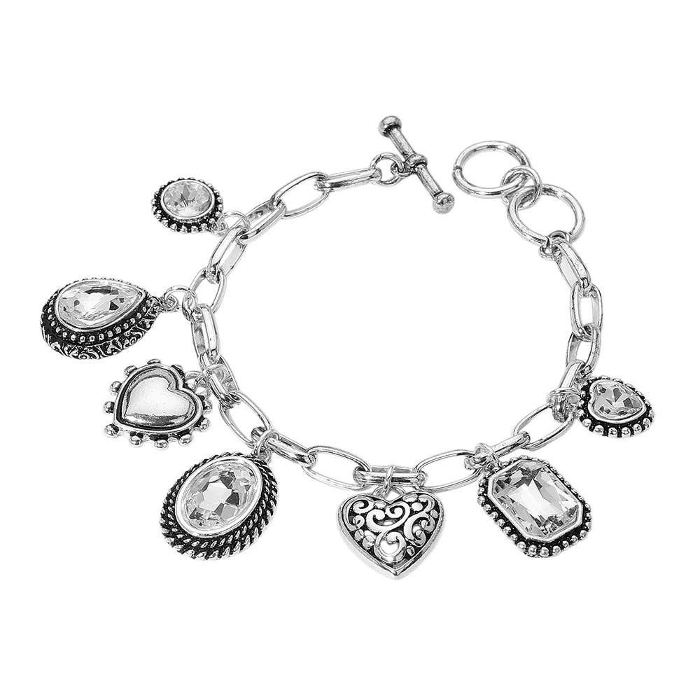 Teardrop Oval Round Stone Metal Heart Charm Station Bracelet