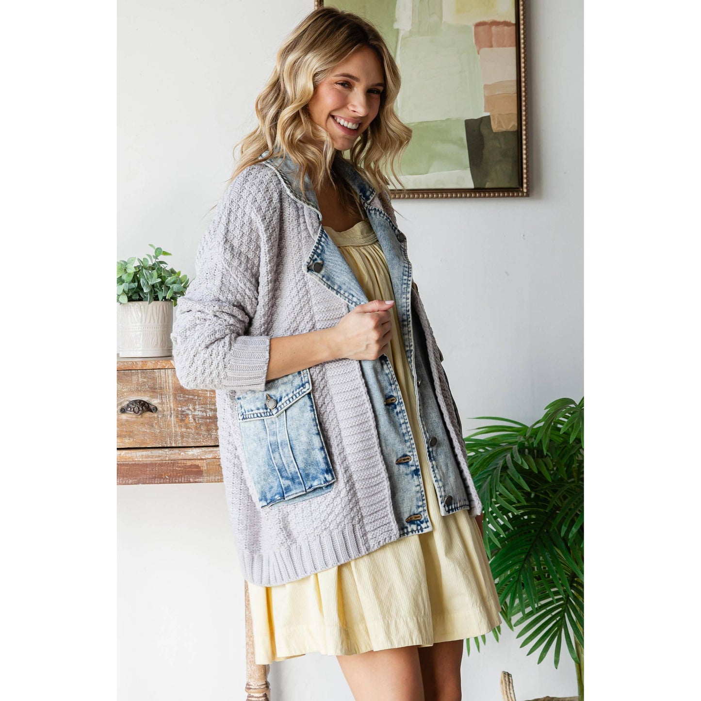 Knit Body Denim Layerd Jacket: Grey / Denim / M