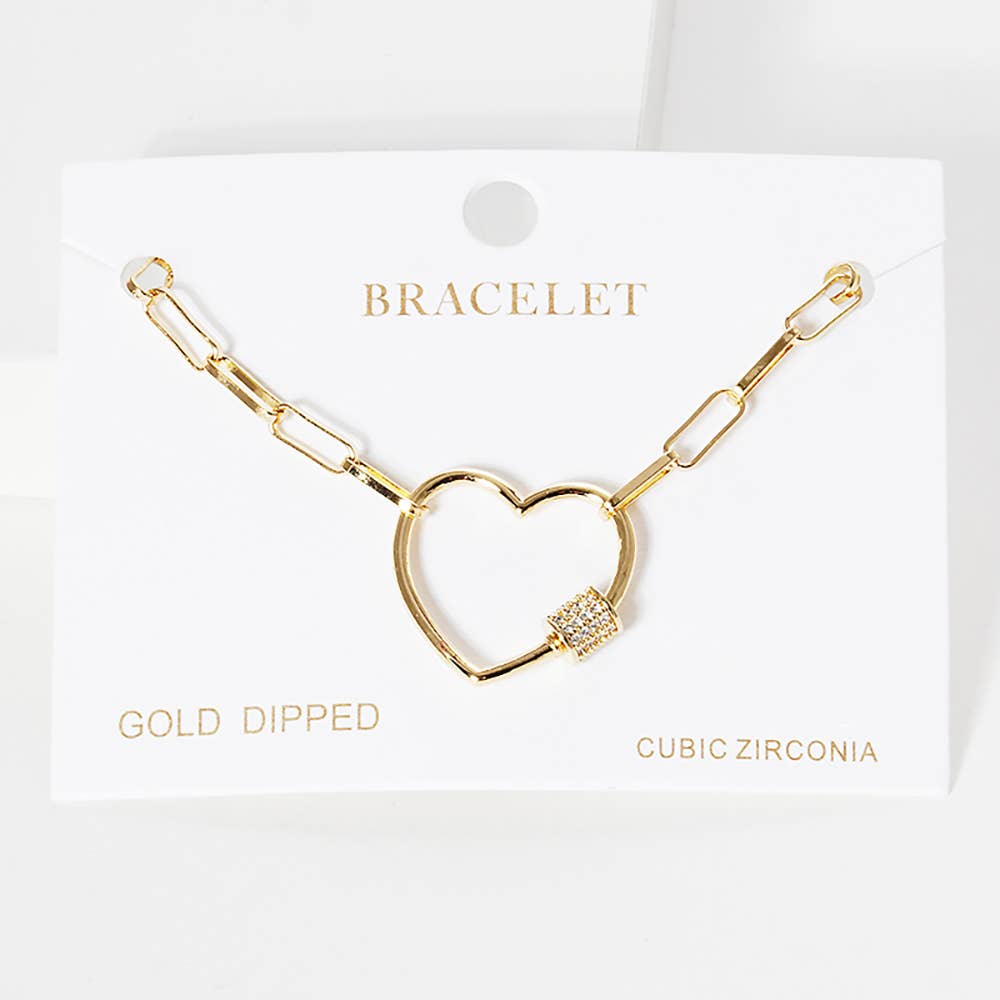 Gold Dipped CZ Open Heart Carabiner Paperclip Chain Bracelet: Yellow Gold