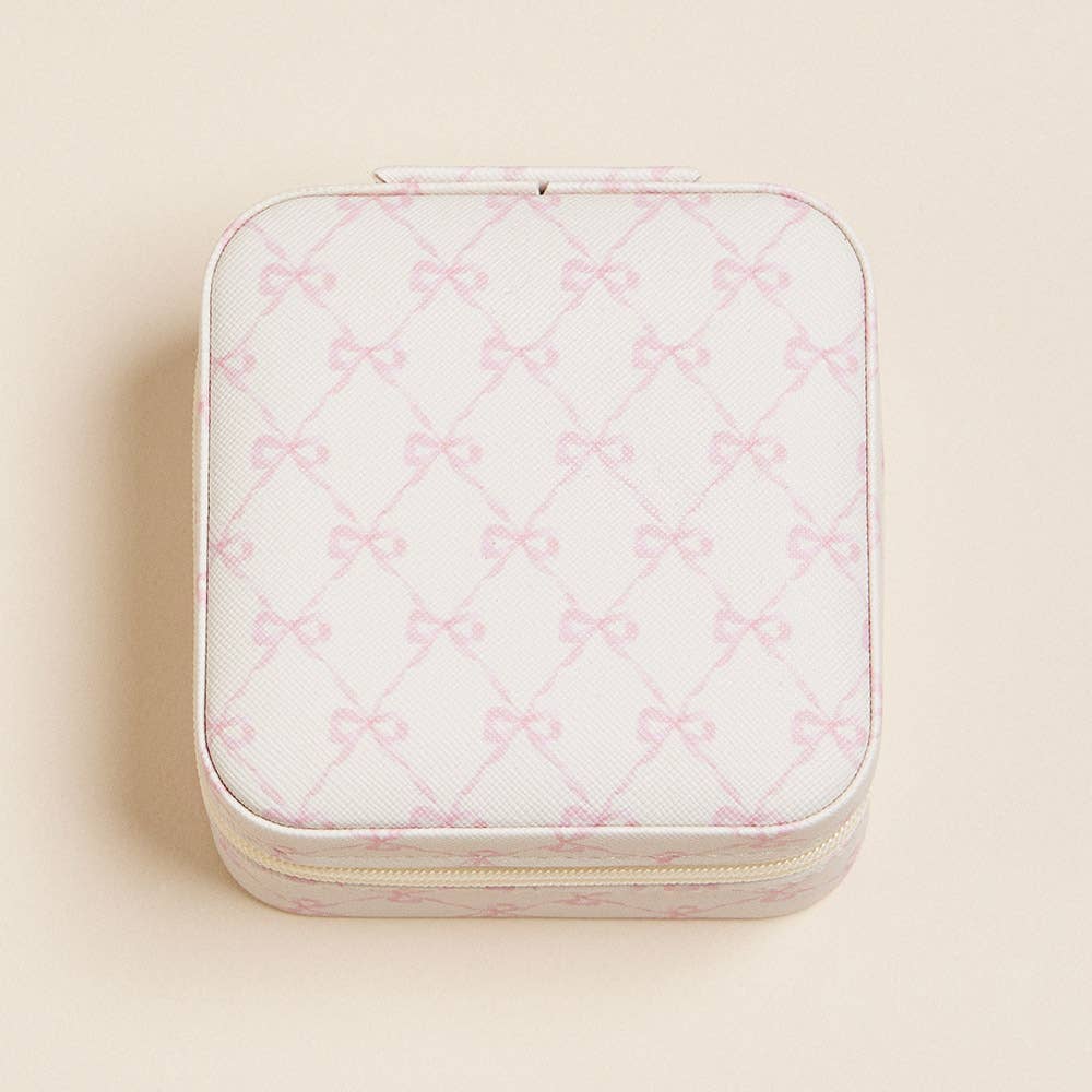 Pink Bow Pattern Portable Square Jewelry Box: Pink