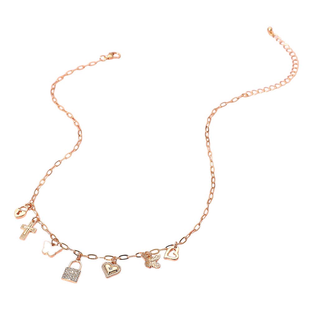 Lock Butterfly Heart Cross Charm Station Necklace: Clear,Rhodium