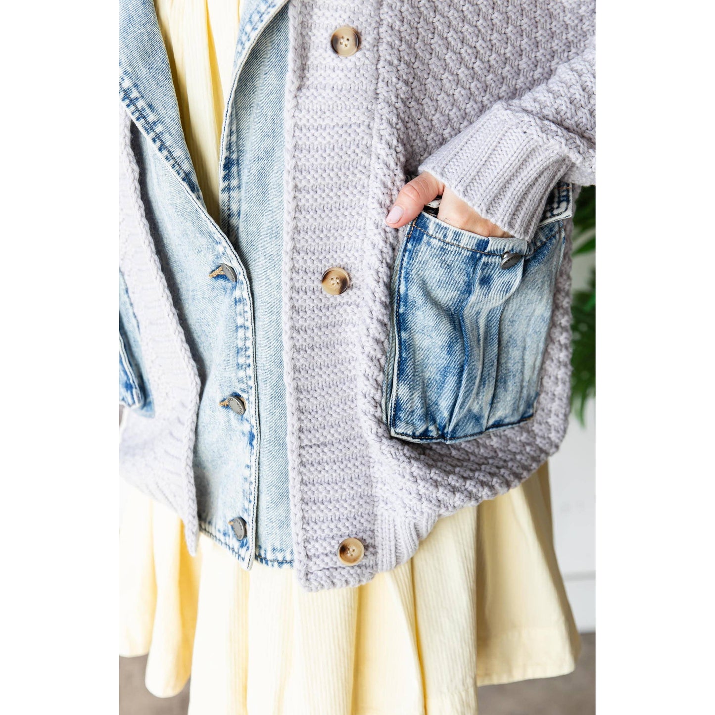 Knit Body Denim Layerd Jacket: Grey / Denim / M