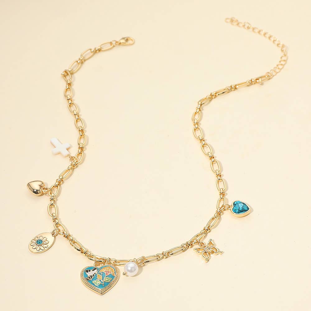 Butterfly Flower Enamel Detailed Heart Pendant Charm Station Necklace: Black,Gold