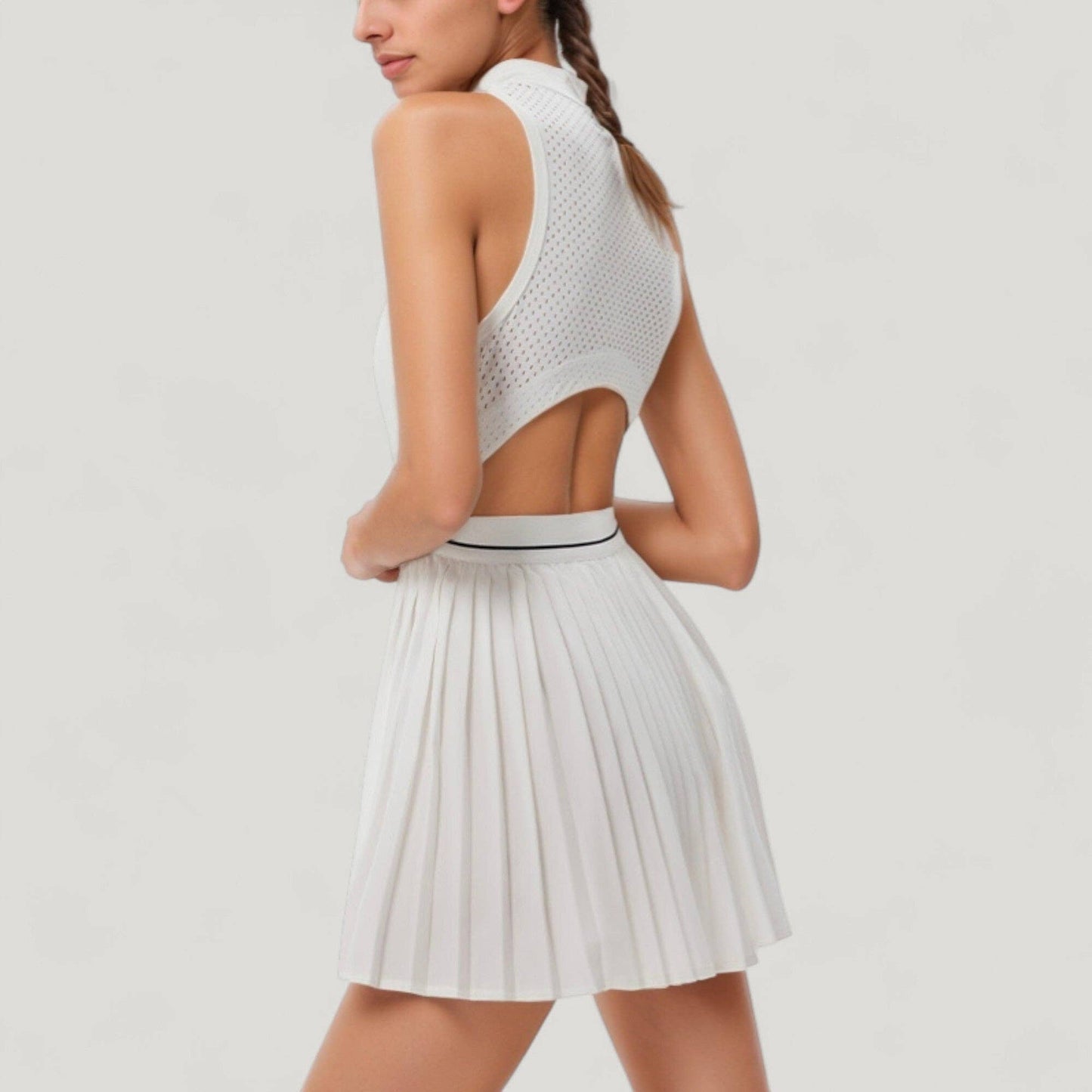 Sleeveless Zip Front High Neck Tennis Dress with Pleated Ski