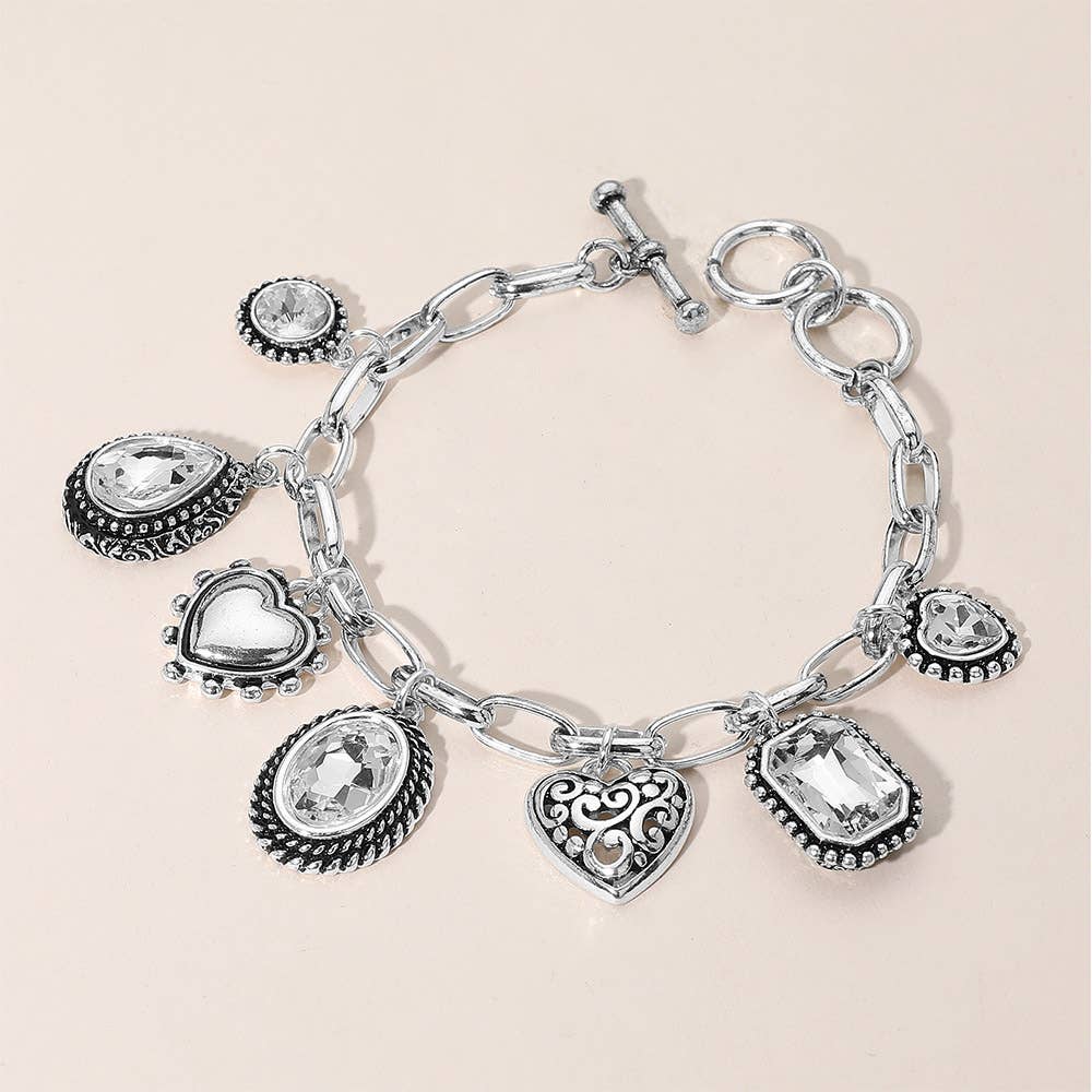 Teardrop Oval Round Stone Metal Heart Charm Station Bracelet