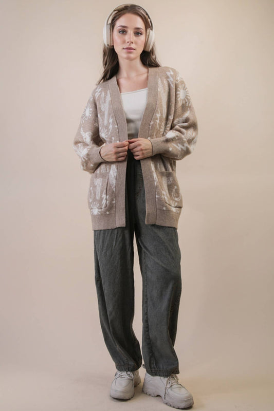 12W3393N-Oversized Western Graphic Knit Sweater Cardigan