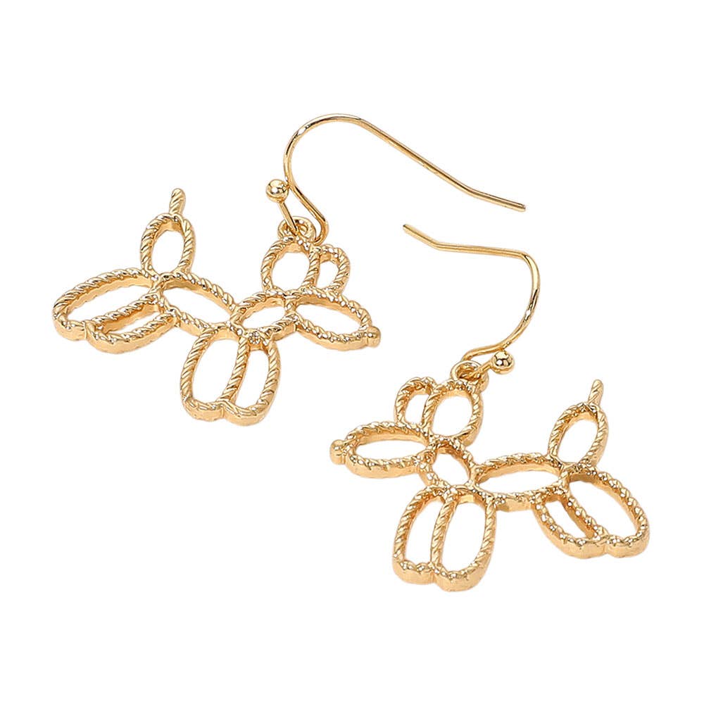 Textured Metal Open Balloon Dog Dangle Earrings: Silver