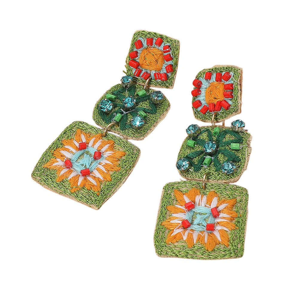 Embroidered Beaded Crochet Granny Square Link Drop Earrings
