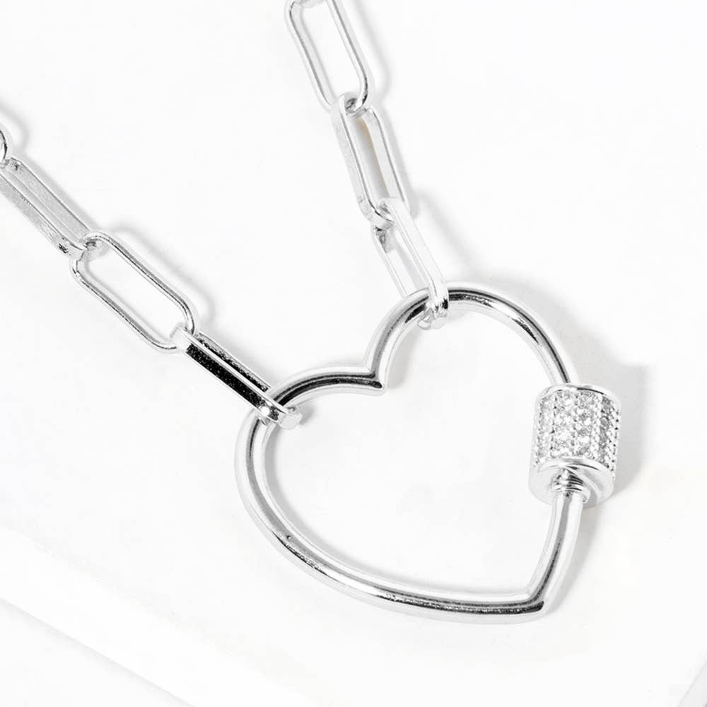Gold Dipped CZ Open Heart Carabiner Pendant Chain Necklace: Silver