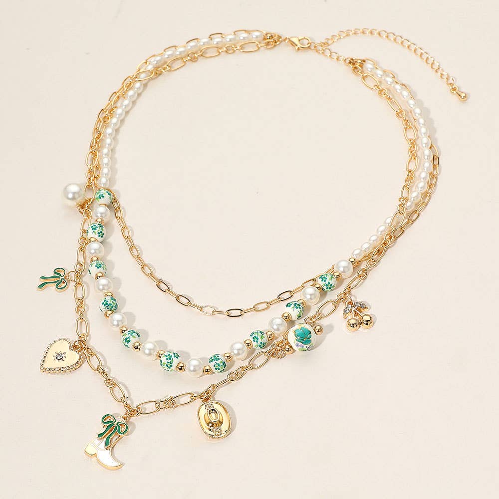 Western Cowboy Boot Hat Bow Cherry Heart Charm Station Pearl Floral Ceramic Ball Beaded Layered Necklace: Gold Green