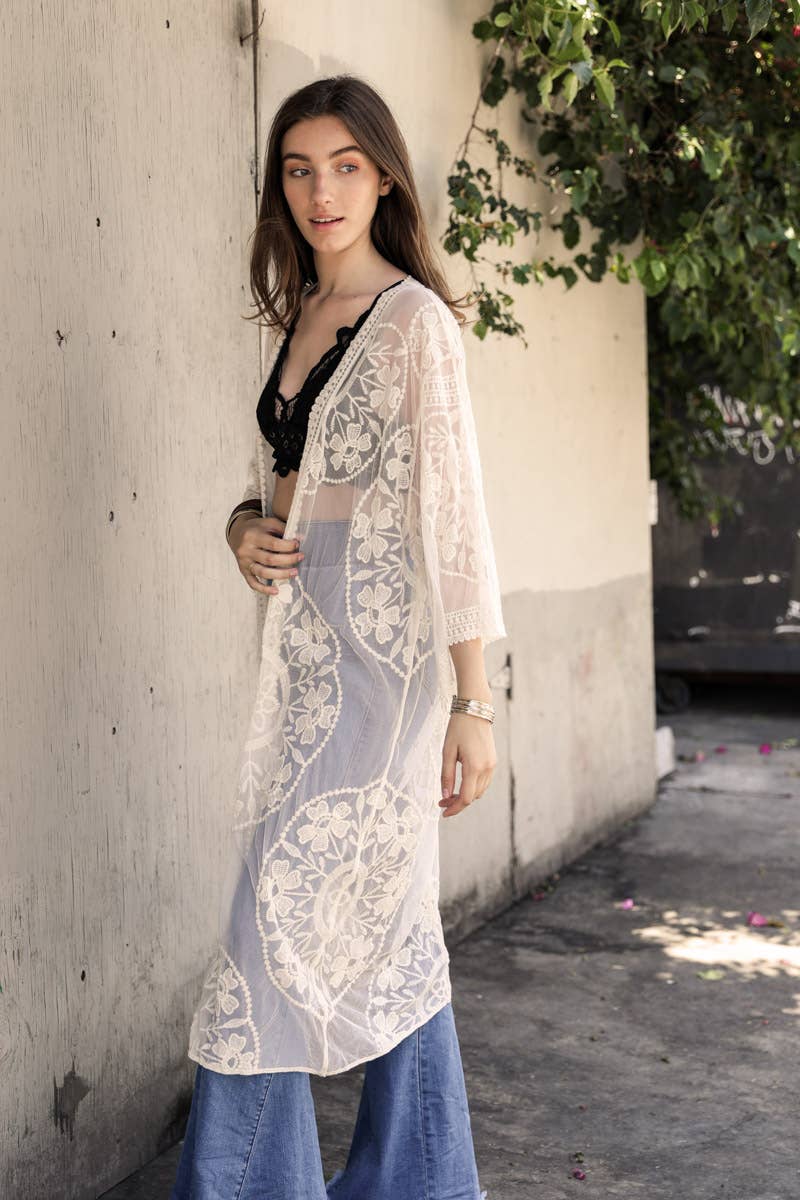 Contrast Mesh Cotton Lace Longline Kimono π
