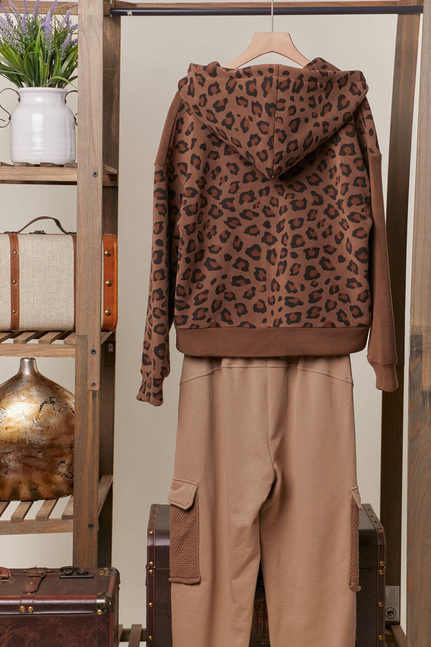 Zip Up hooded Sweatshirt with Leopard Print: Brown / S