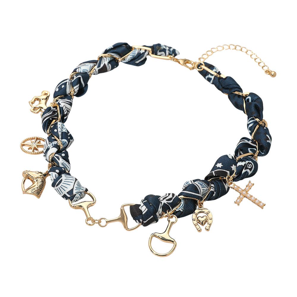 Horsebit Link Center Horse Horseshoe Pearl Cross Starburst Charm Station Fabric Necklace: Gold,Turquoise