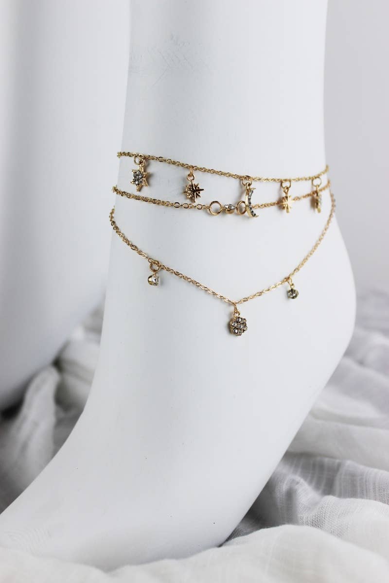 Celestial Charm Layered Anklet - Sparkling Star & Moon Dangl: Silver