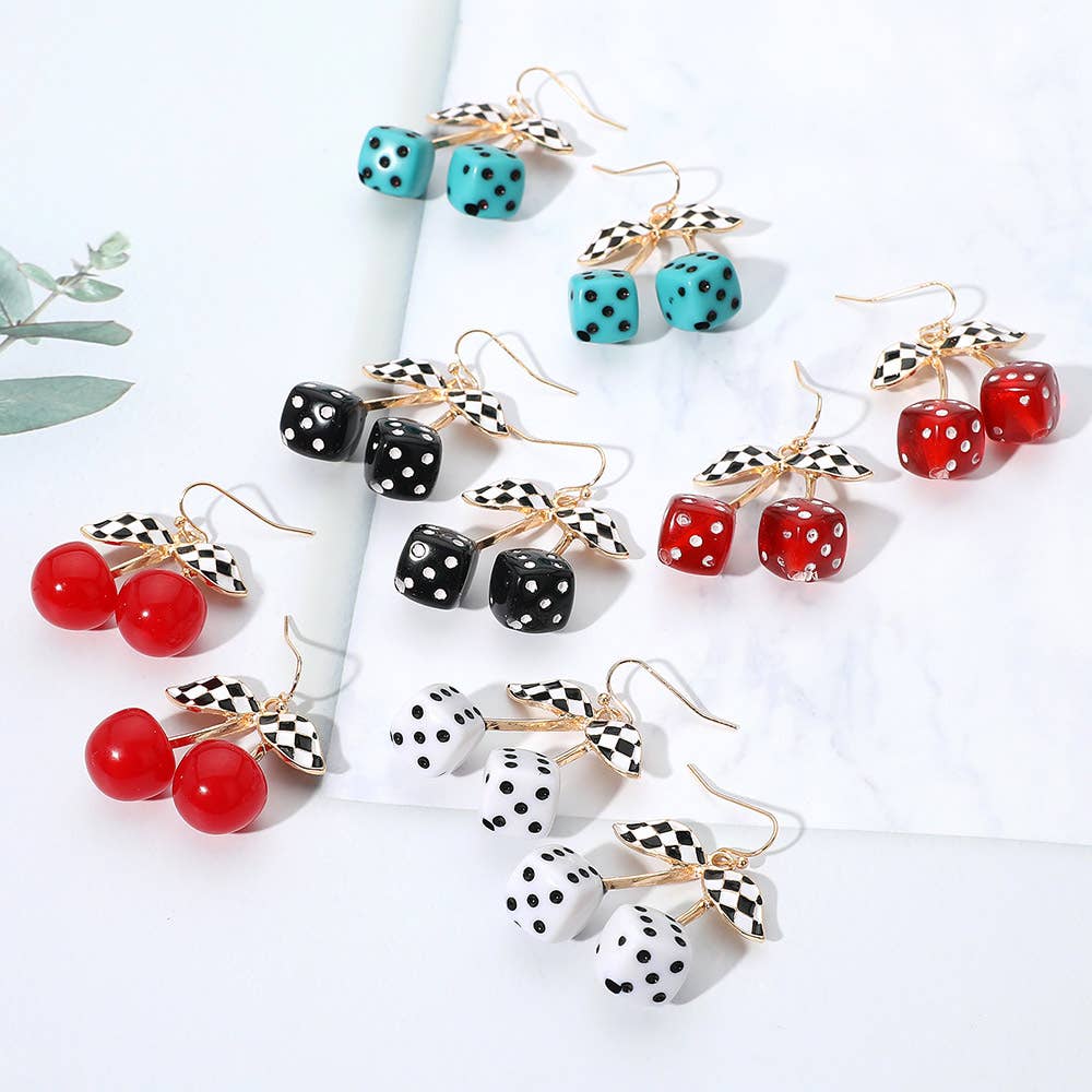 Enamel Retro Checkered Leaf Cherry Dice Dangle Earrings: Gold,Turquoise
