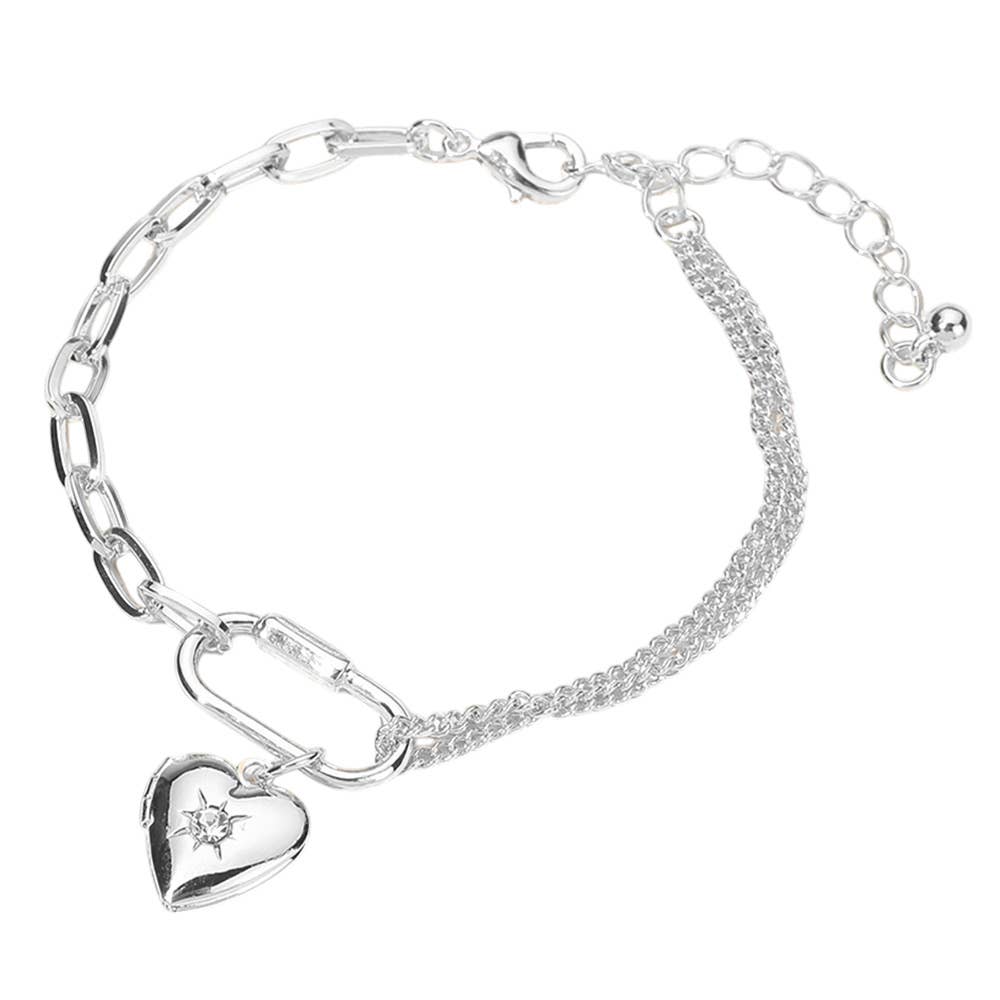SECRET BOX_Stone Heart Locket Carabiner Charm Bracelet: Silver