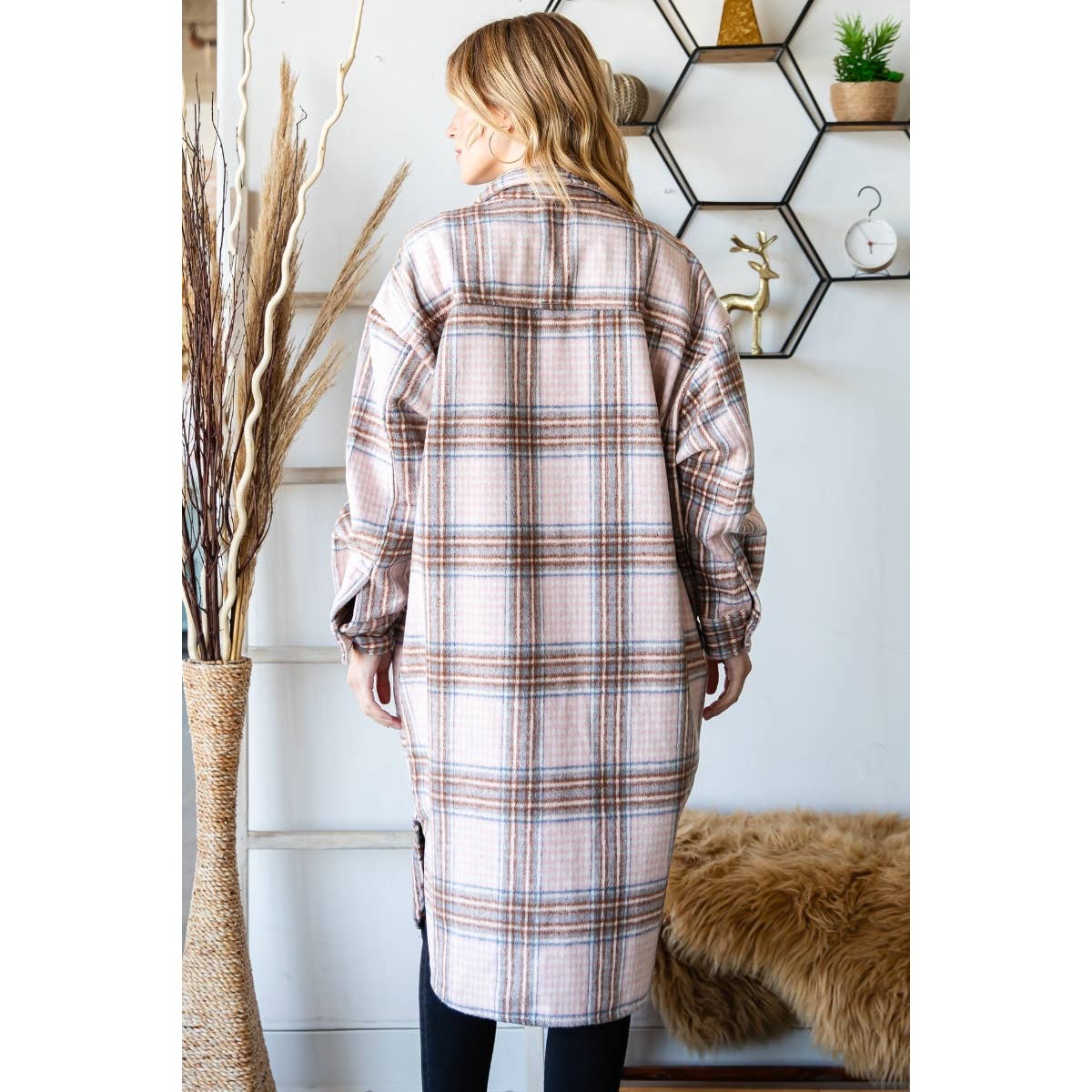 Wool Mix Plaid Checker Longline Shacket: Pink Combo / M