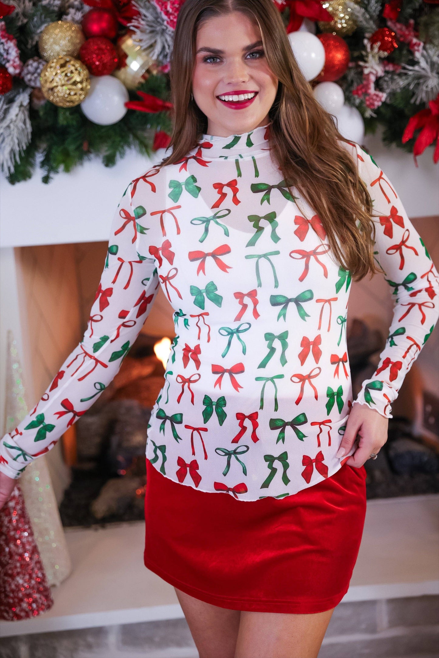 Keigan Mesh Top- Midnight Bow Christmas Edition