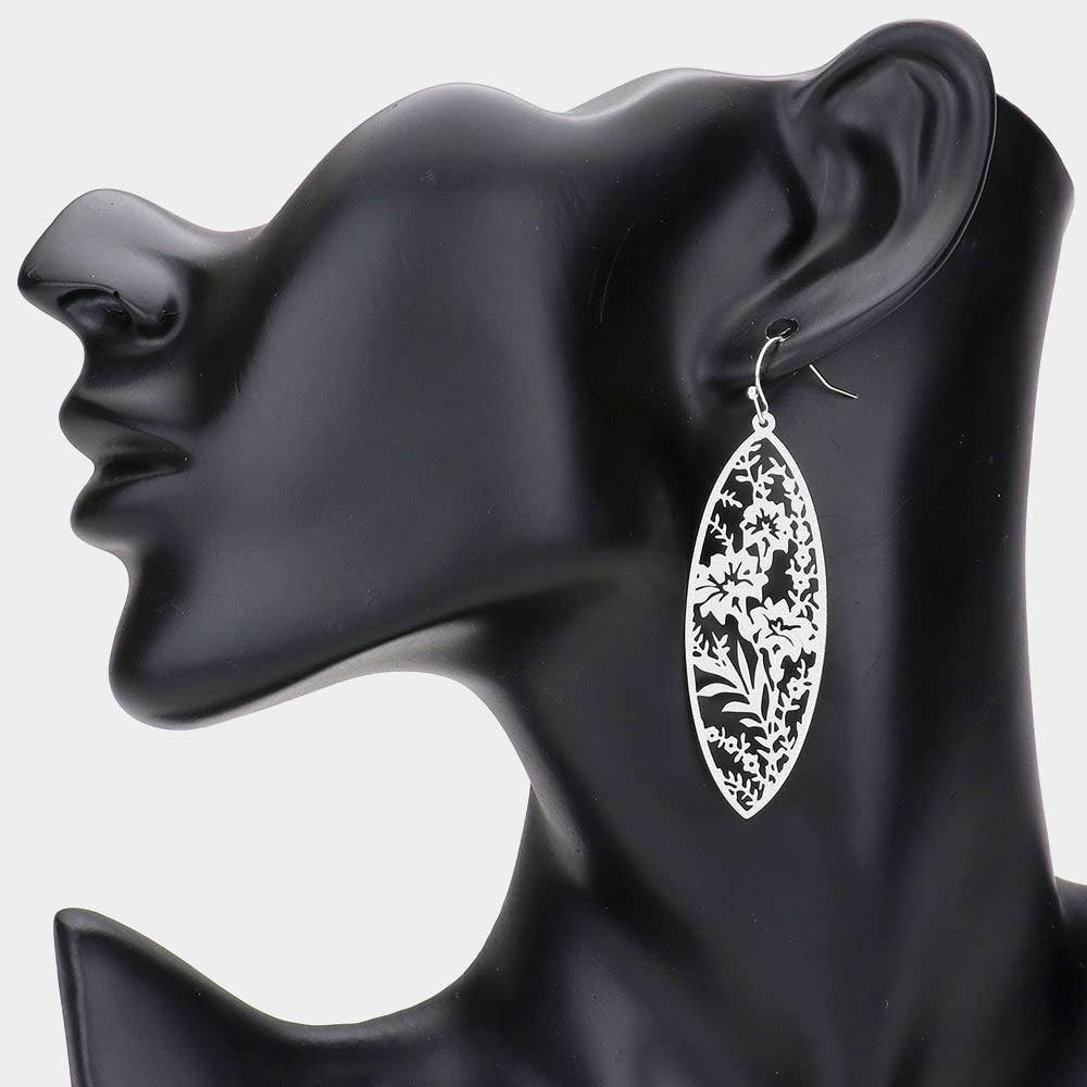 Filigree Flower Leaf Detailed Brass Metal Marquise Dangle Earrings