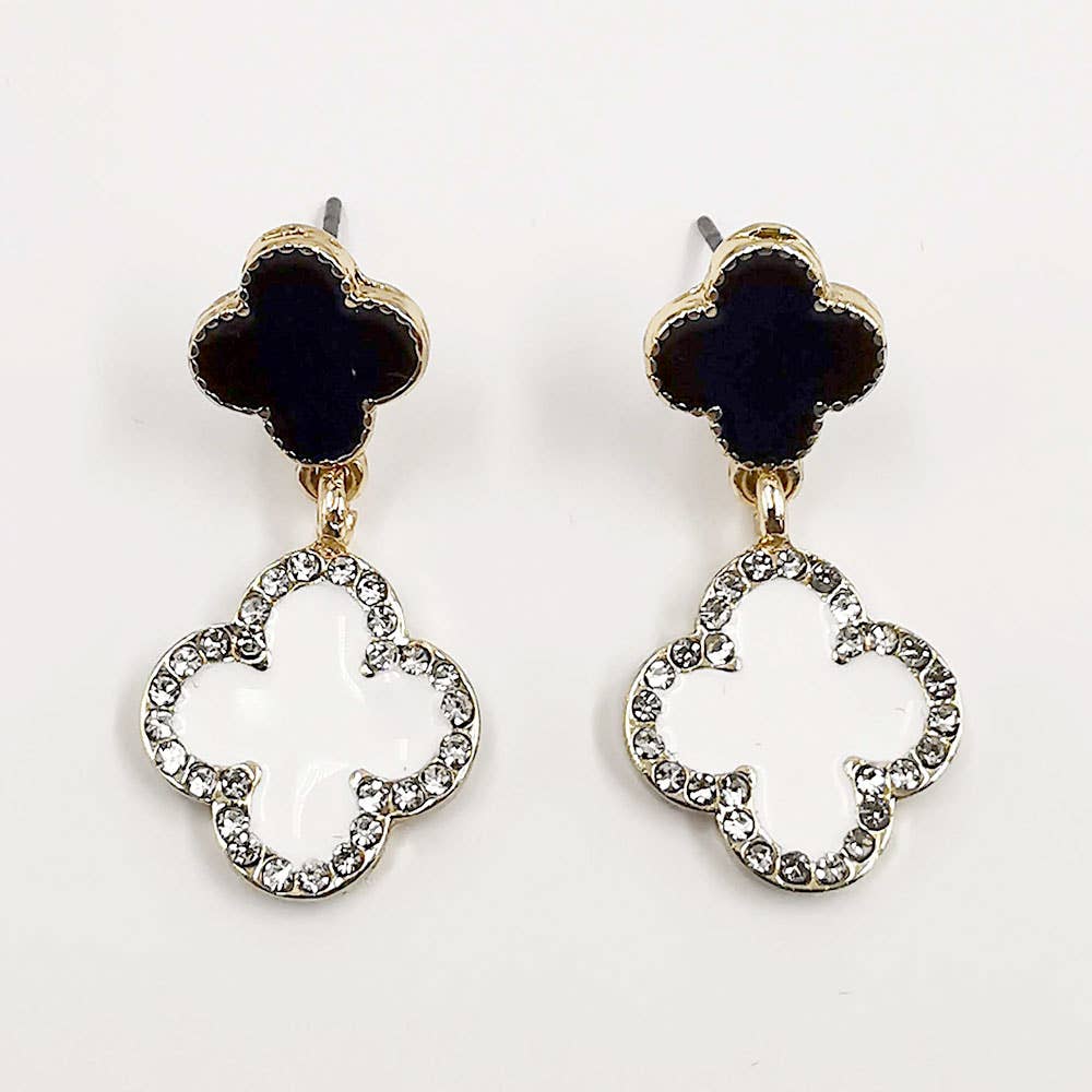Rhinestone Accented Quatrefoil Drop Earrings: Black,Rhodium,White