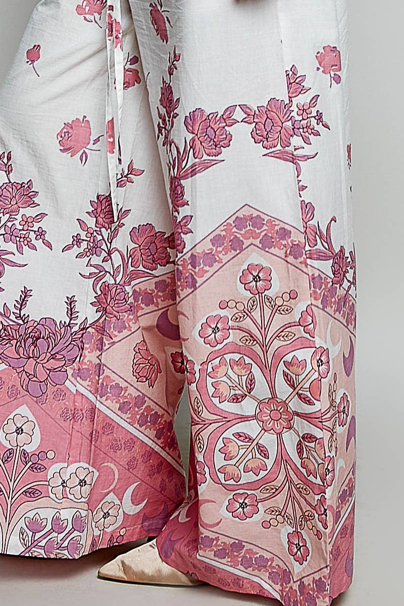 Floral Stripe Block Print Elastic Waist Wide Leg Pants