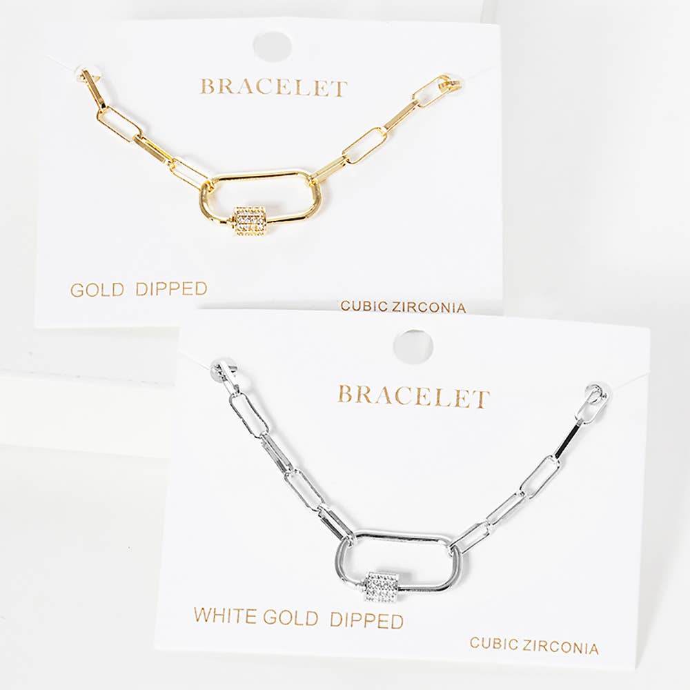 Gold Dipped CZ Carabiner Pointed Paperclip Chain Bracelet