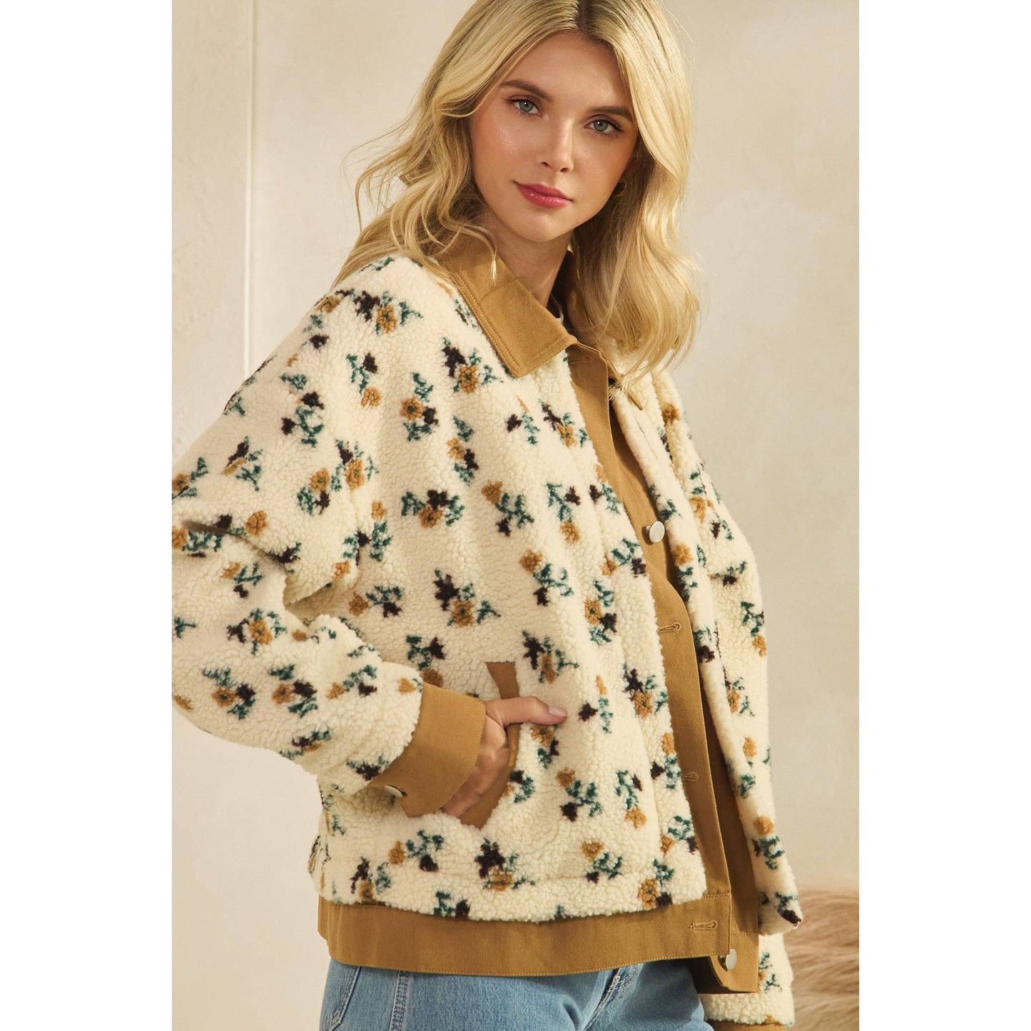 Printed Contrast Button Down Sweater: Brown / M