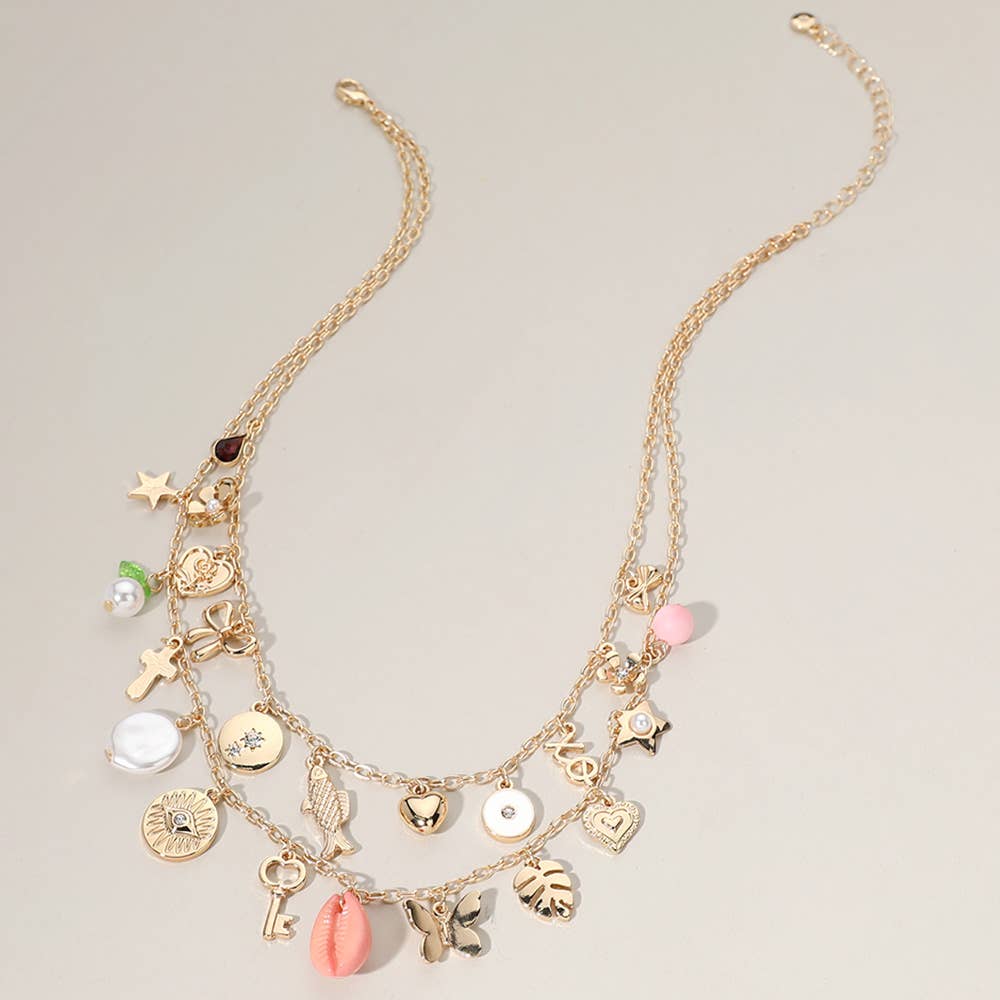 Key Butterfly Shell Charm Flower Double Layered Necklace