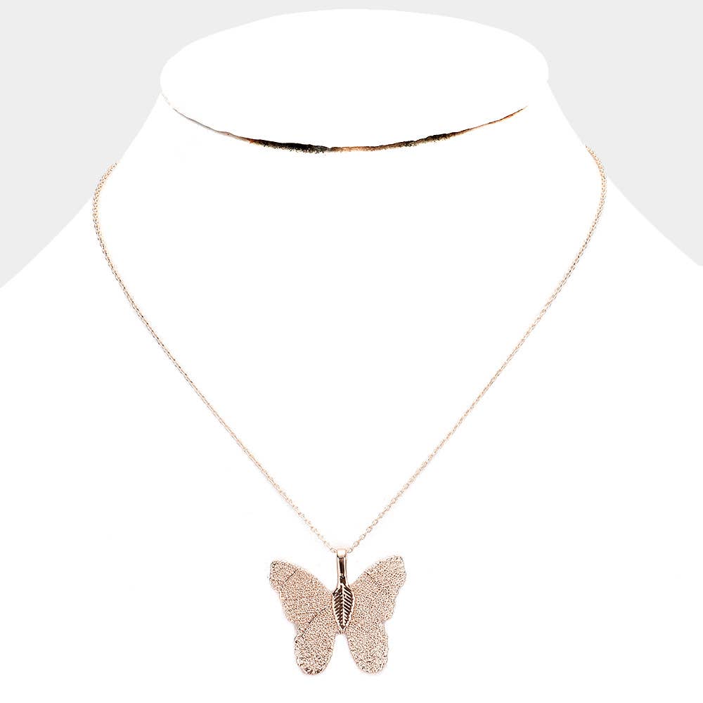 J14. Gold Dipped Textured Butterfly Pendant Necklace